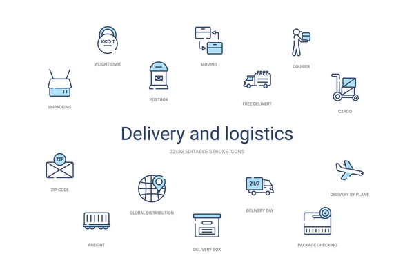 Dodávka a logistika koncept 14 barevné obrysové ikony. 2 colo — Stockový vektor