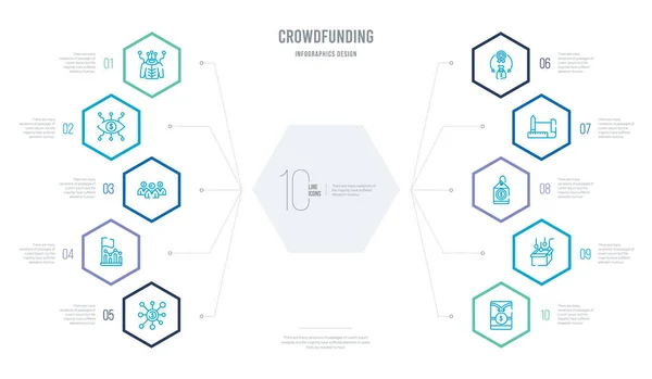 Crowdfunding concepto negocio infografía diseño con 10 hexágono — Vector de stock