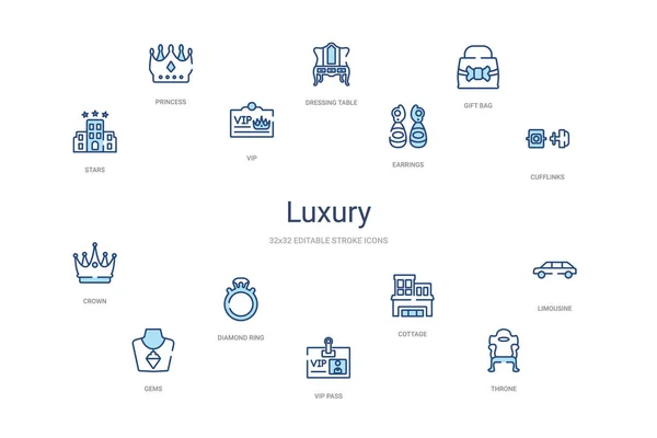 Concept de luxe 14 icônes contour coloré. 2 couleur bleu AVC ic — Image vectorielle