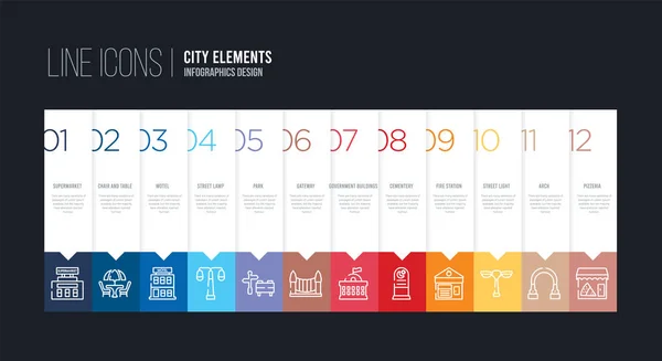 Infografikai tervezés 12 opcióval. stroke vonal ikonok, mint például ga — Stock Vector