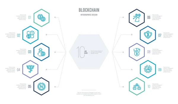 Concepto blockchain diseño infográfico de negocios con 10 hexágonos o — Vector de stock