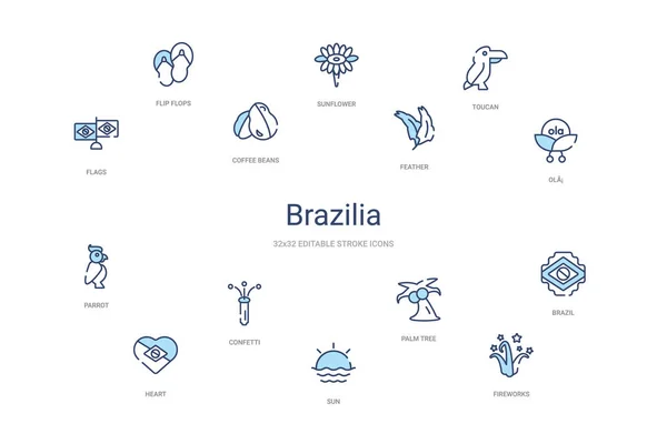 Brazilia concept 14 ícones de contorno coloridos. 2 cor azul acidente vascular cerebral — Vetor de Stock