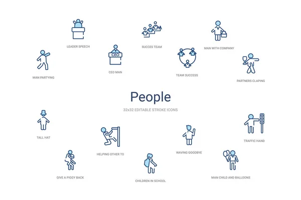 People concept 14 colorful outline icons. 2 color blue stroke ic Stock Vector