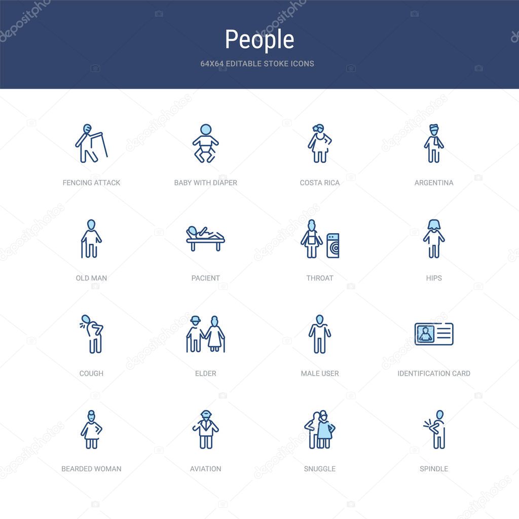 Set of 16 vector stroke icons such as spindle, snuggle, aviation, bearded woman, identification card with picture, male user from people concept. can be used for web, logo, ui\u002fux