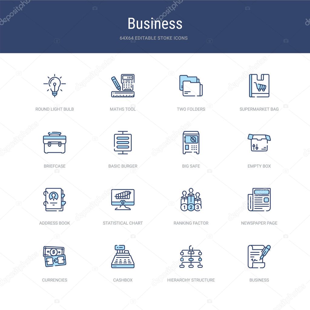 set of 16 vector stroke icons such as business, hierarchy struct