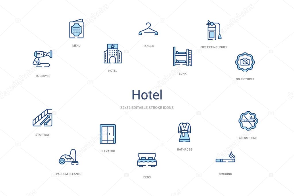 hotel concept 14 colorful outline icons. 2 color blue stroke ico
