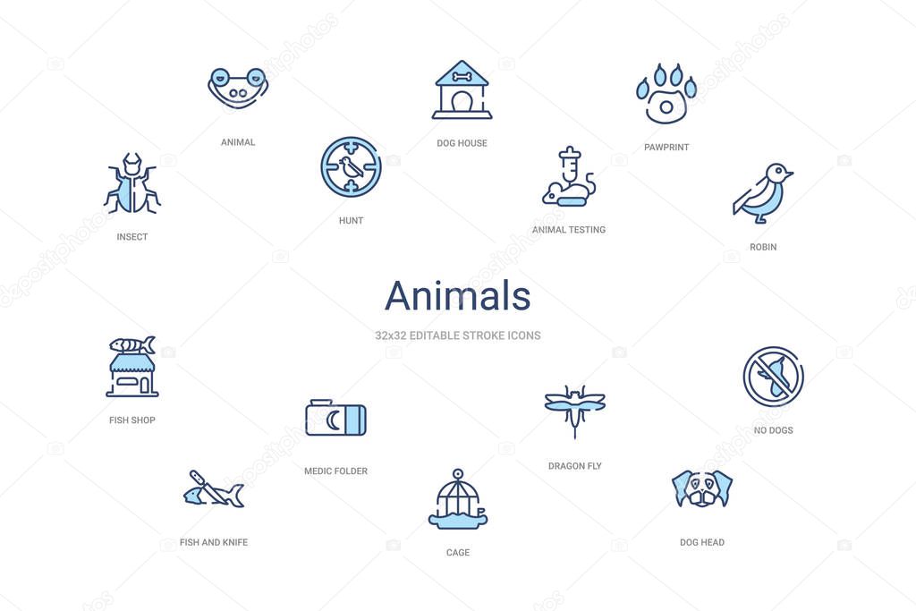 animals concept 14 colorful outline icons. 2 color blue stroke i