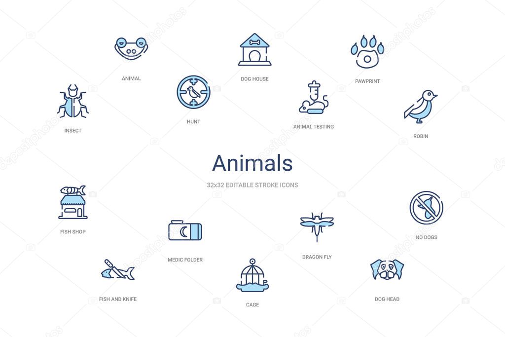 Animals concept 14 colorful outline icons. 2 color blue stroke icons