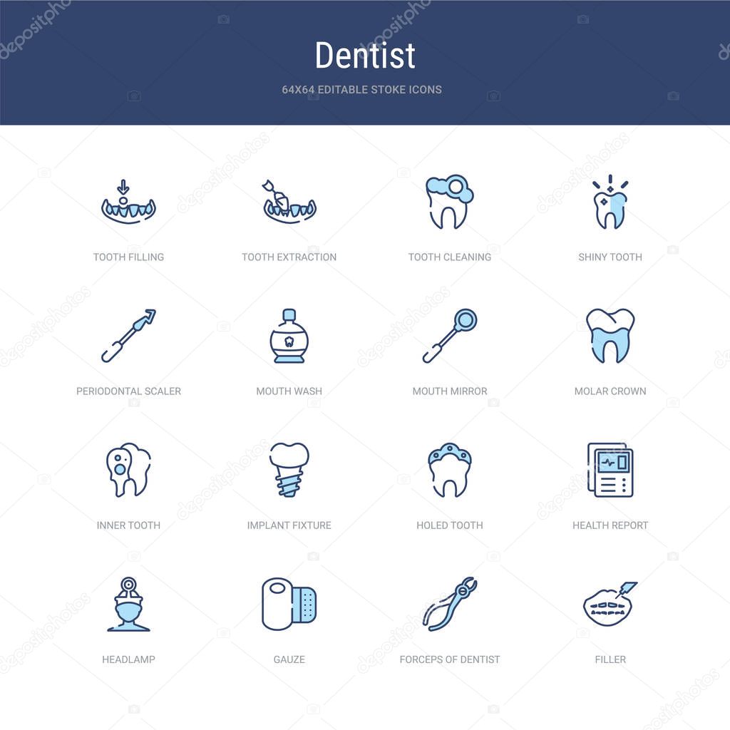 set of 16 vector stroke icons such as filler, forceps of dentist