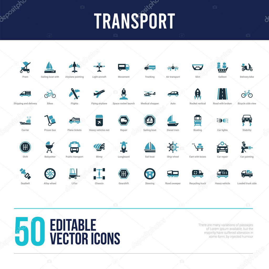50 transport concept filled icons