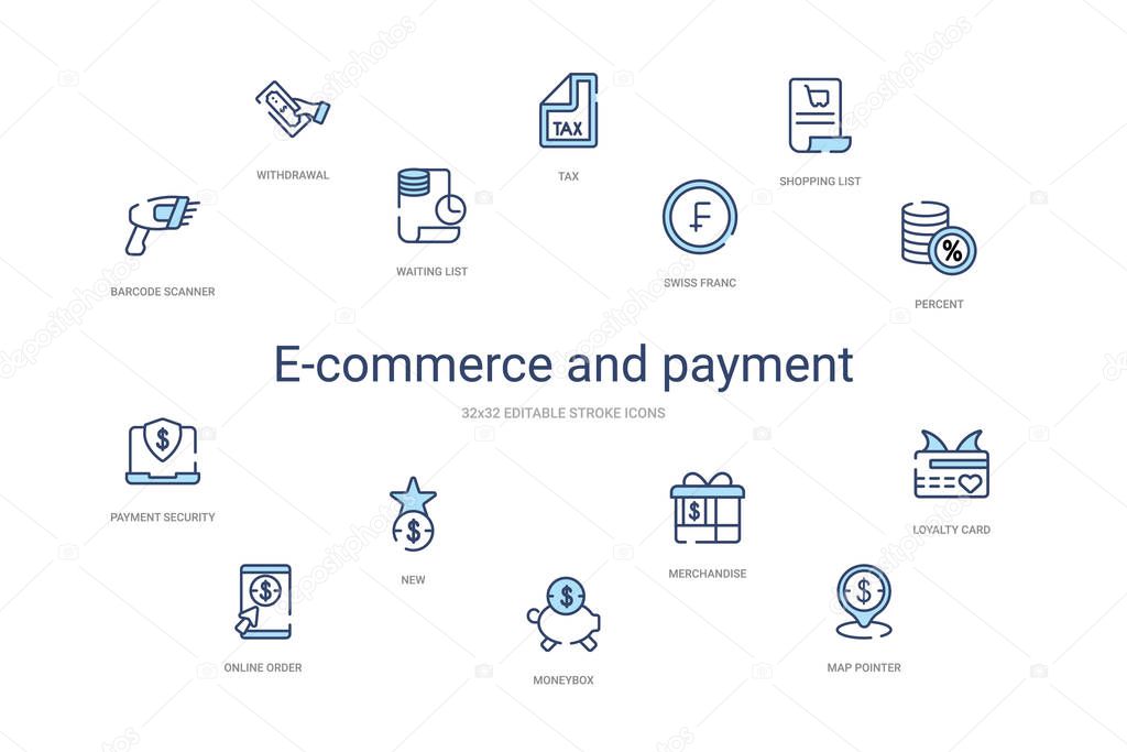 e-commerce and payment concept 14 colorful outline icons. 2 colo
