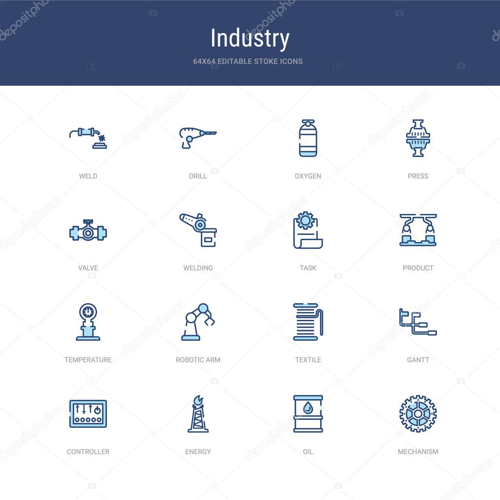 set of 16 vector stroke icons such as mechanism, oil, energy, co