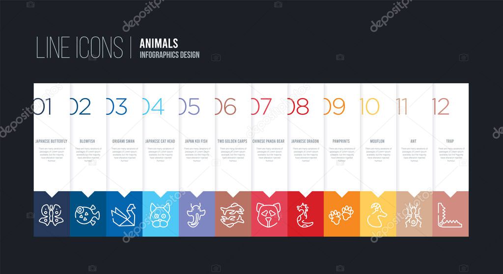 Infographic design with 12 options. stroke line icons such as two golden carps, japan koi fish, japanese cat head, origami swan, blowfish, japanese butterfly can be use for web and mobile