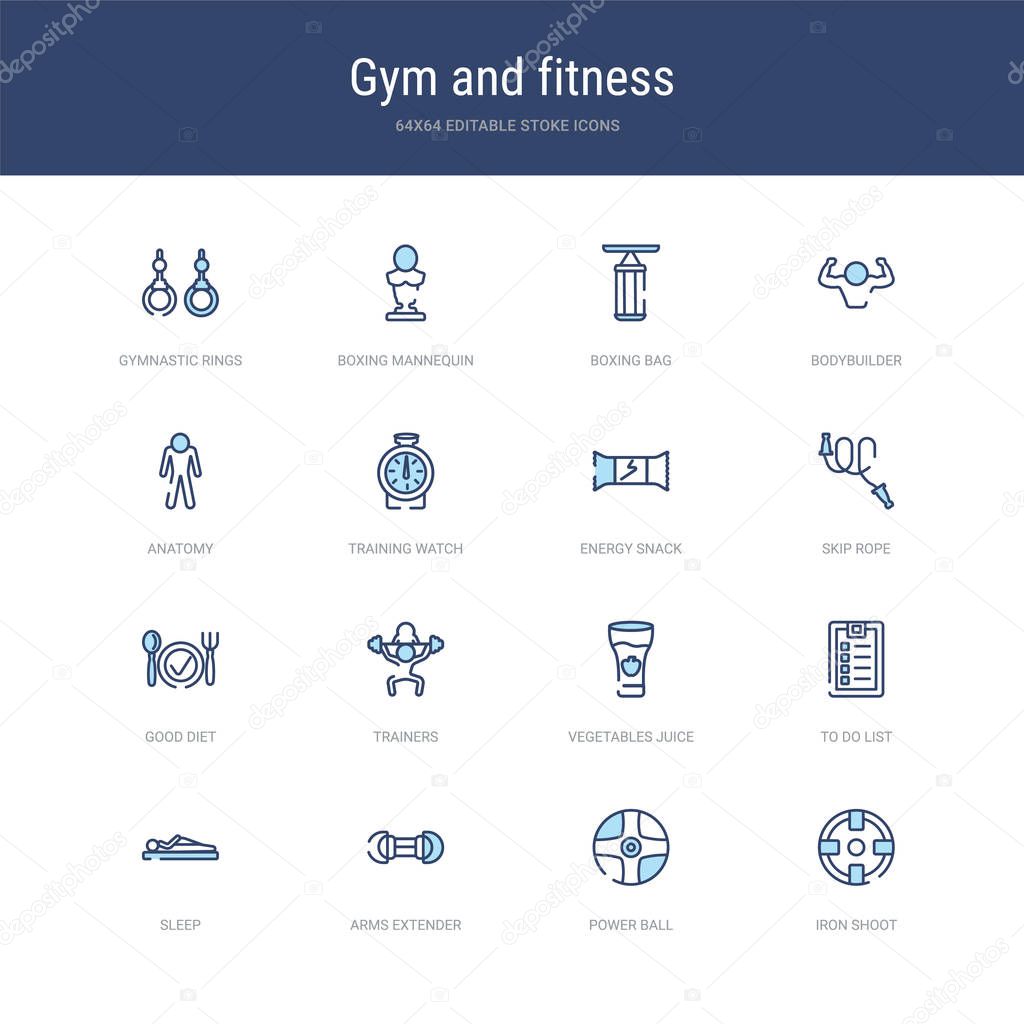 Set of 16 vector stroke icons such as iron shoot, power ball, arms extender, sleep, to do list, vegetables juice from gym and fitness concept. can be used for web, logo, ui\u002fux