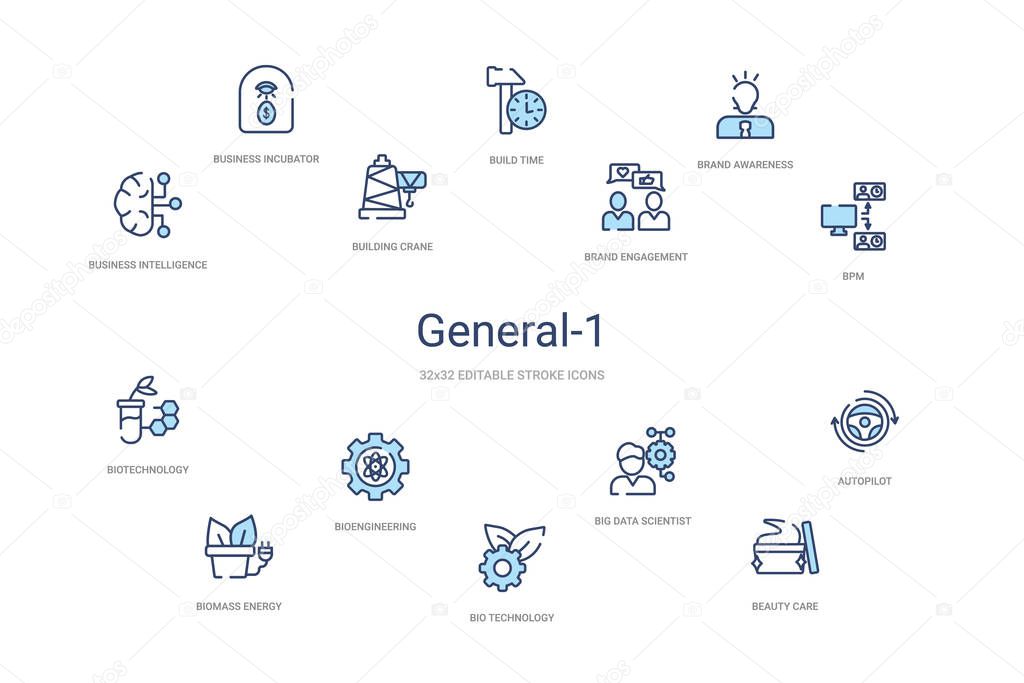 general-1 concept 14 colorful outline icons. 2 color blue stroke