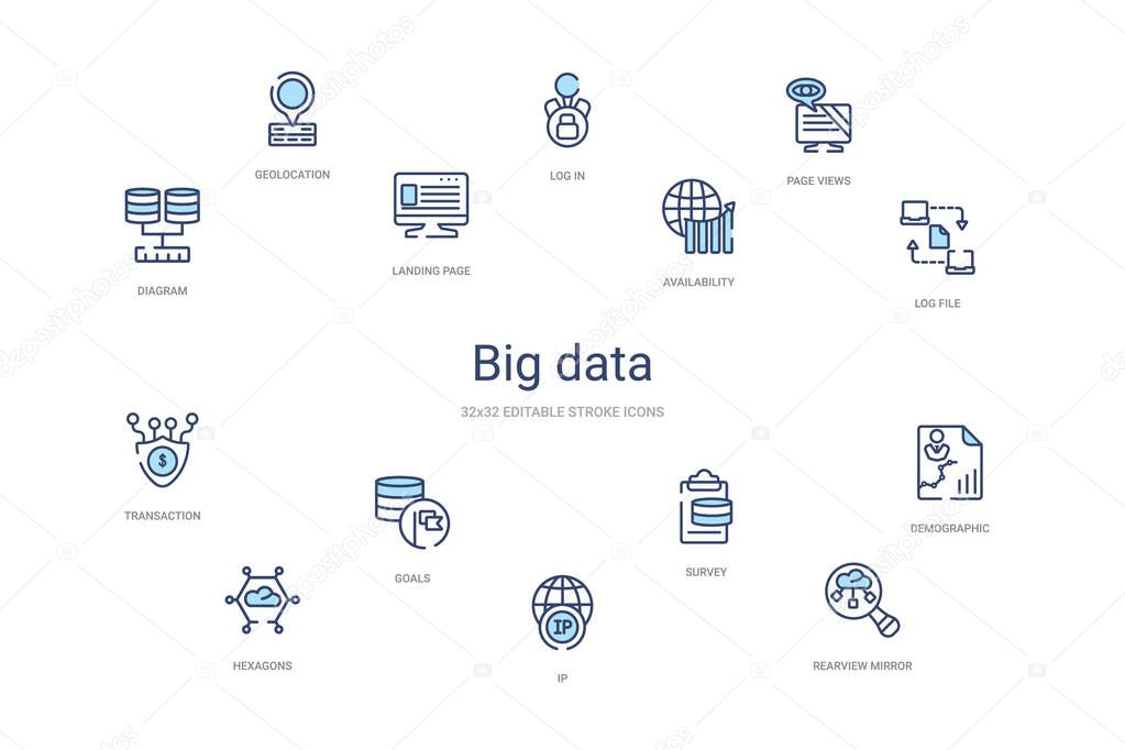 big data concept 14 colorful outline icons. 2 color blue stroke 