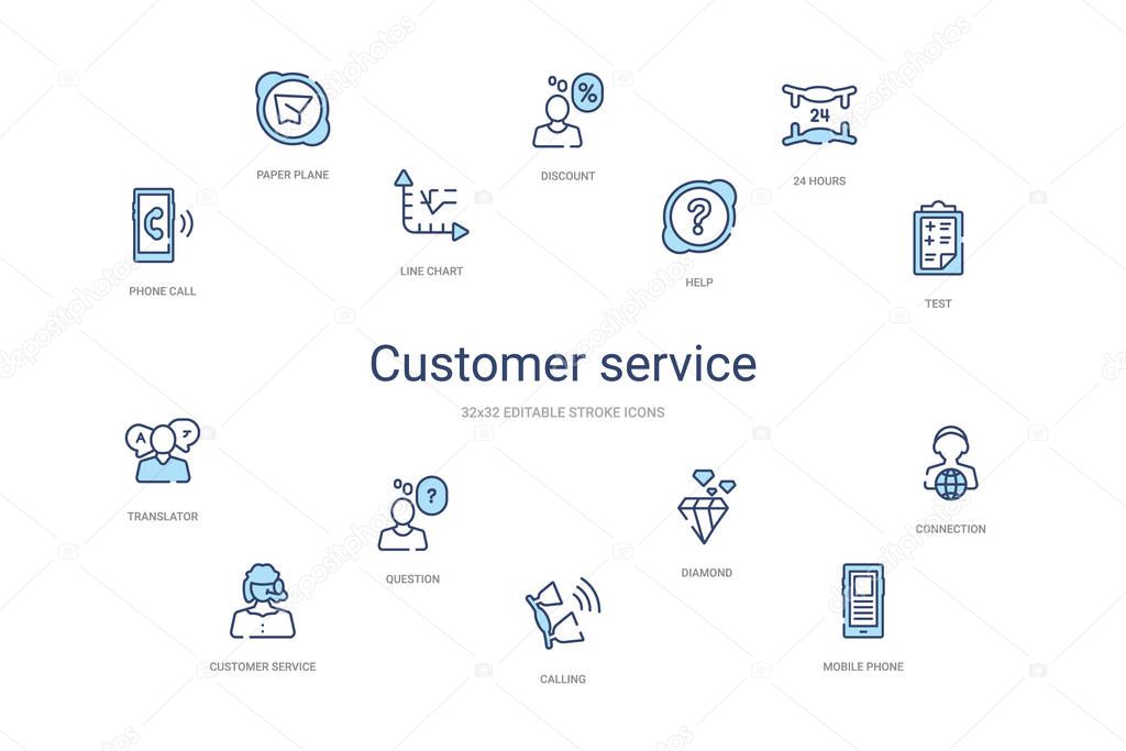customer service concept 14 colorful outline icons. 2 color blue