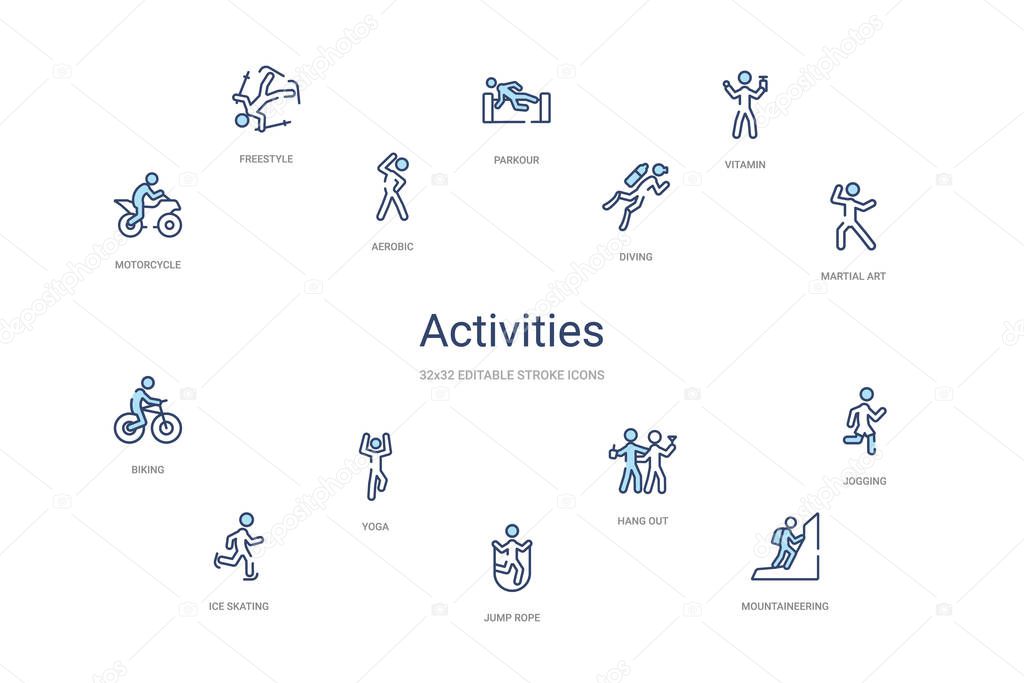 activities concept 14 colorful outline icons. 2 color blue strok