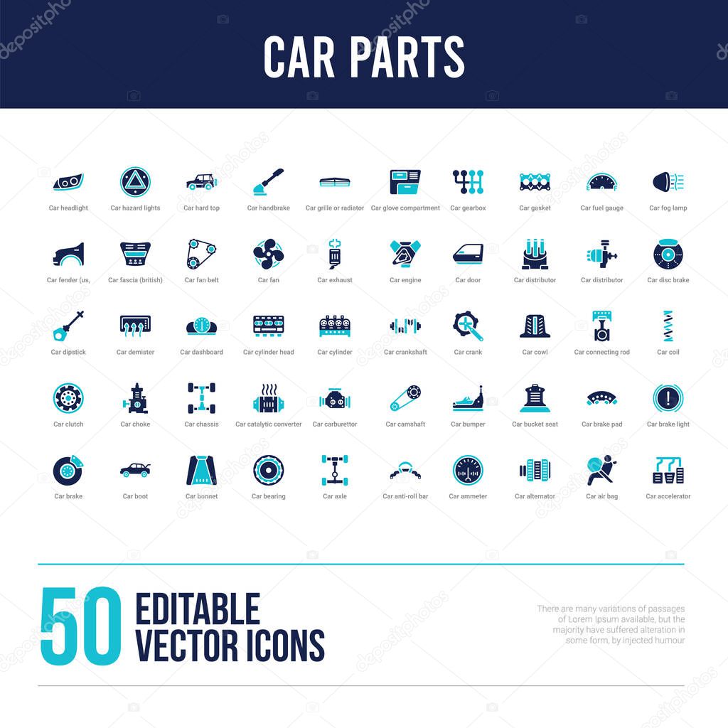 50 car parts concept filled icons