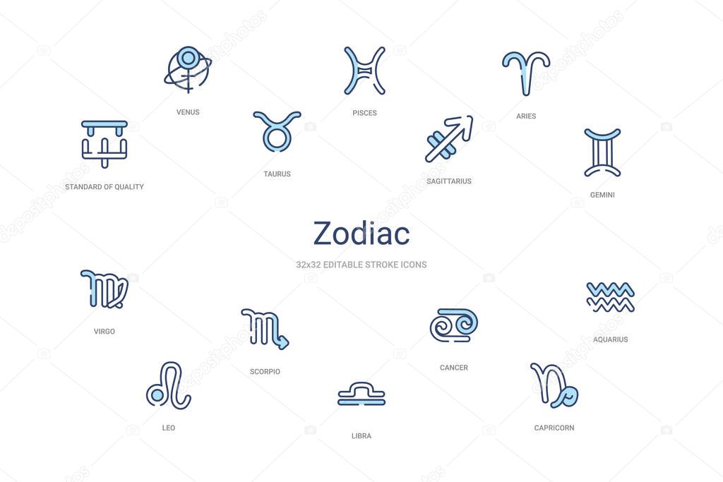 Zodiac concept 14 colorful outline icons. 2 color blue stroke icons