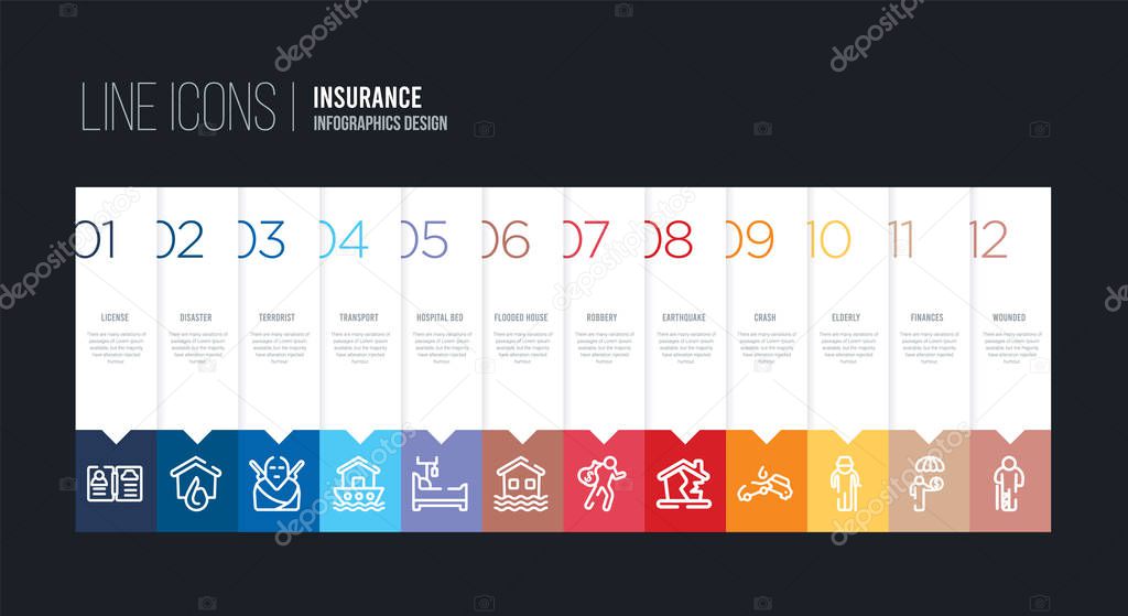 infographic design with 12 options. stroke line icons such as fl
