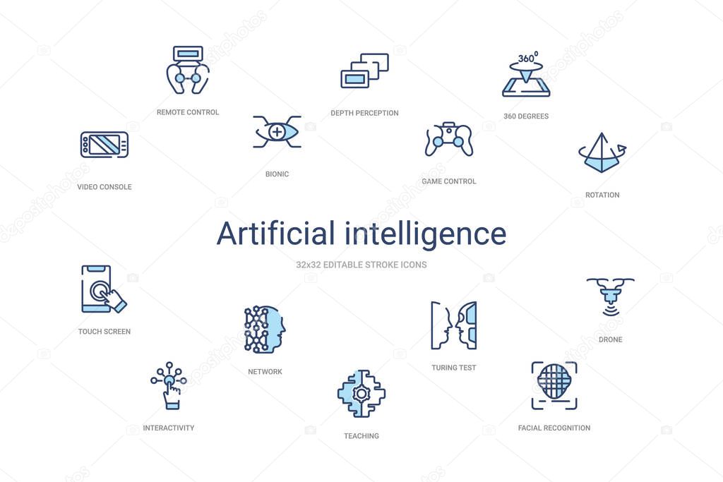 artificial intelligence concept 14 colorful outline icons. 2 col