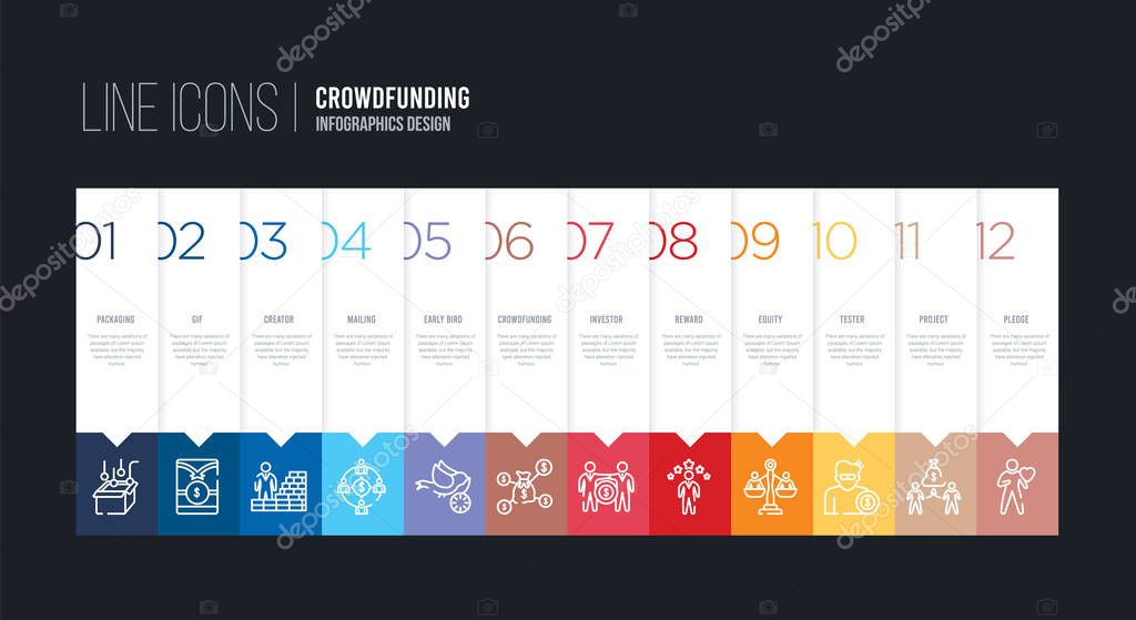 Infographic design with 12 options. stroke line icons such as crowdfunding, early bird, mailing, creator, gif, packaging can be use for web and mobile