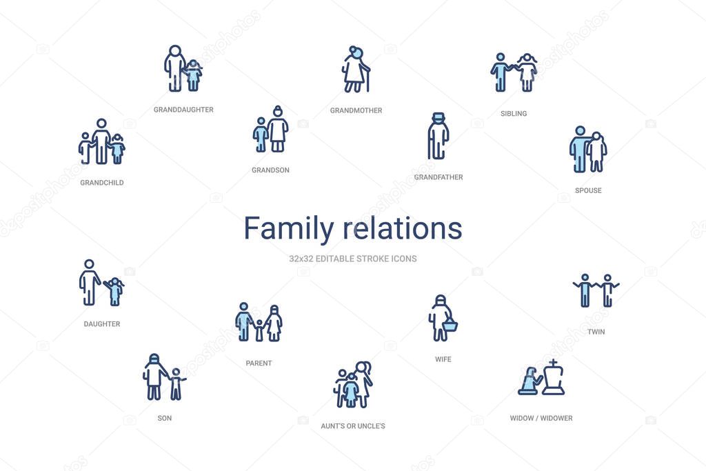 family relations concept 14 colorful outline icons. 2 color blue