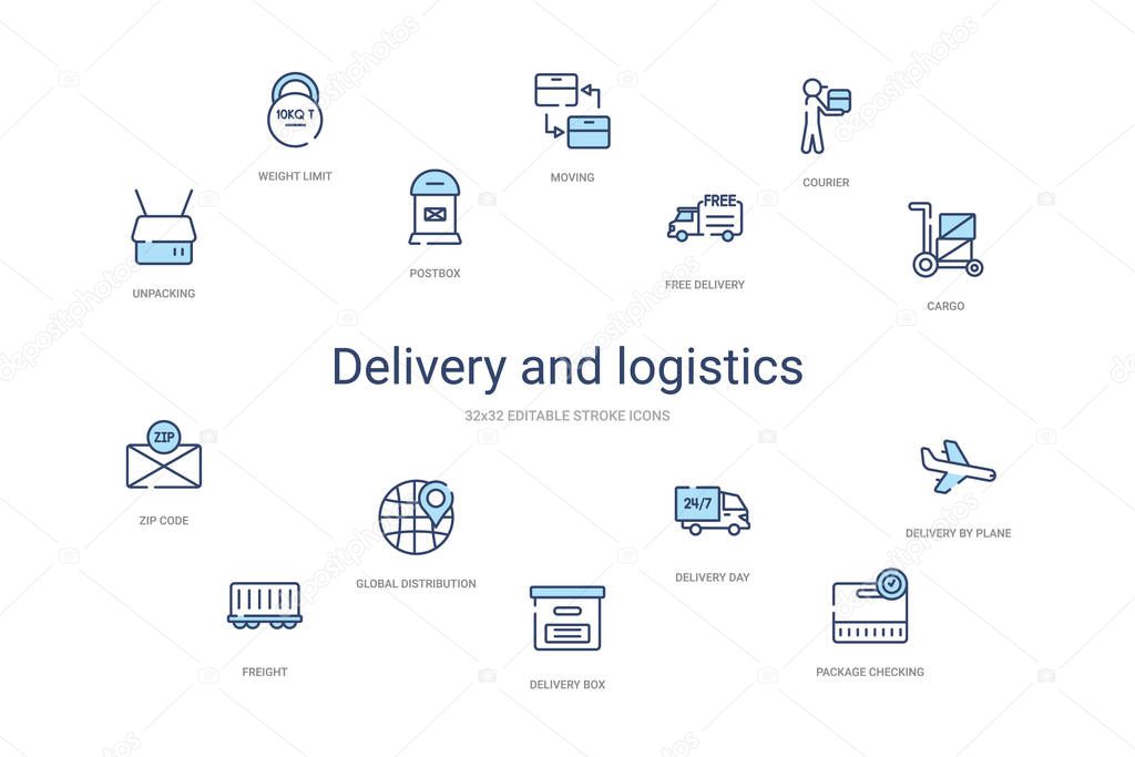 delivery and logistics concept 14 colorful outline icons. 2 colo