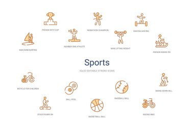 sports concept 14 colorful outline icons. 2 color blue stroke ic clipart