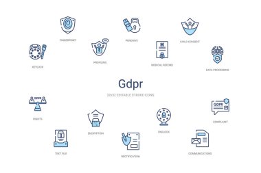 GDPR konsepti 14 renkli taslak simgeleri. 2 renk mavi vuruş simgesi