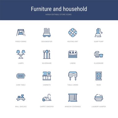 Çamaşır sepeti, pencere kapağı gibi 16 vektör vuruşu simgesi