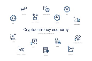 Kripto para birimi ekonomisi konsepti 14 renkli taslak simgesi. 2 colo