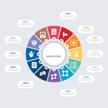 yuvarlak 12 seçenekler ui bilgi şablonu tasarımı. Salon, çöp kutusu.