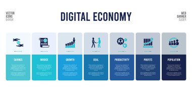 Dijital ekonomi kavramı elementlerine sahip web pankartı tasarımı.