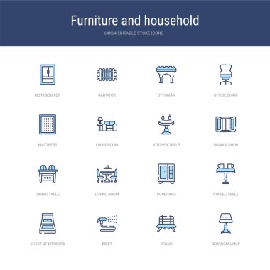 Yatak odası lambası, bank, bidet gibi 16 vektör vuruşu simgesi