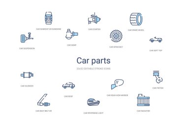 Araba parçaları konsepti 14 renkli taslak simgeleri. 2 renk mavi vuruş