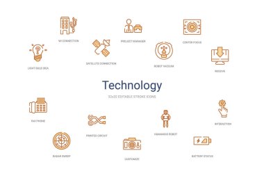 Teknoloji konsepti 14 renkli taslak simgeleri. 2 renk mavi vuruş