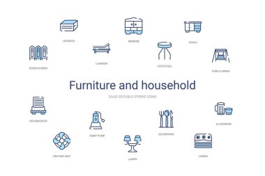 Mobilya ve ev konsepti 14 renkli taslak simgeleri. 2 sütun