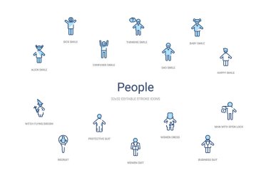 İnsanlar konsept 14 renkli taslak simgeleri. 2 renk mavi kulaç