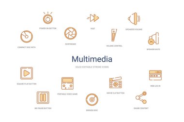Çoklu ortam konsepti 14 renkli taslak simgeleri. 2 renk mavi vuruş