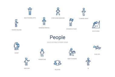 İnsanlar konsept 14 renkli taslak simgeleri. 2 renk mavi kulaç