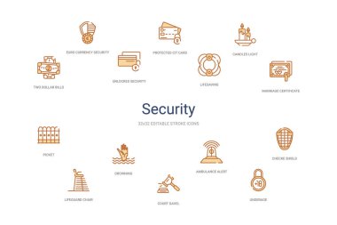 Güvenlik konsepti 14 renkli taslak simgeleri. 2 renk mavi vuruş 