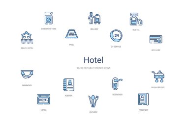 Otel konsepti 14 renkli taslak simgeleri. 2 renk mavi vuruş ico