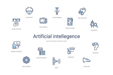 Yapay zeka kavramı 14 renkli taslak simgesi. 2 sütun