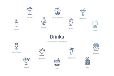 İçki konsepti 14 renkli taslak simgeleri. 2 renk mavi kulaç