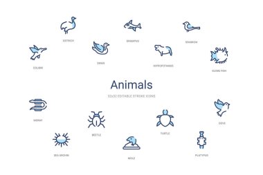 Hayvanlar konsepti 14 renkli taslak simgeleri. 2 renk mavi vuruş!