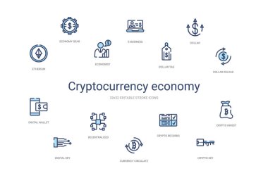 cryptocurrency economy concept 14 colorful outline icons. 2 colo clipart