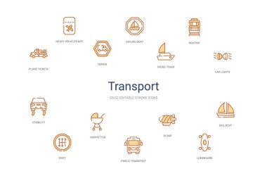 Taşıma konsepti 14 renkli taslak simgeleri. 2 renk mavi vuruş