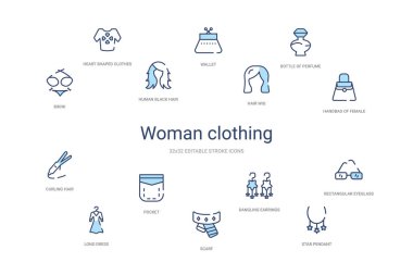 Kadın giyimi konsepti 14 renkli taslak simgeleri. 2 renk mavi s